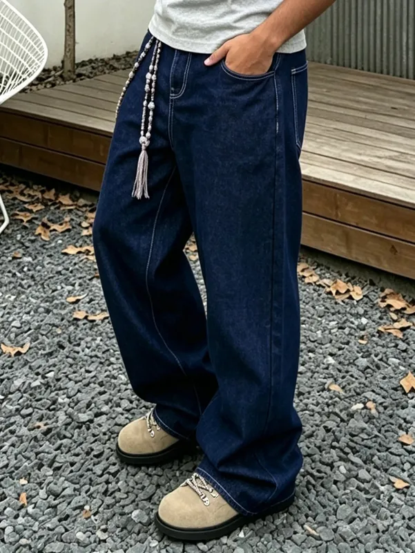 Denim Blue Dark Topstitched Wide-Leg Jeans Are the Same for Men and Women. They Are High-Waisted Loose and Floor-Length. They A — image 4