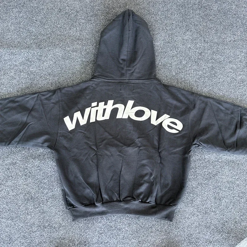 Men's With Love Cursive Text Graphic Hoodie Sweatshirt Oversized Streetwear Pullover Casual Autumn Winter Hooded Top