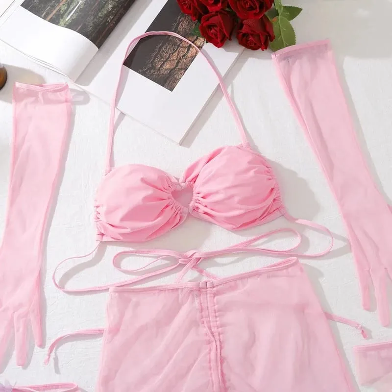 Lingerie Ultra Sexy Halter Bra Drawstring Pleated Attractive Suspenders Romantic Butterfly Cut Out Stocking Gloves