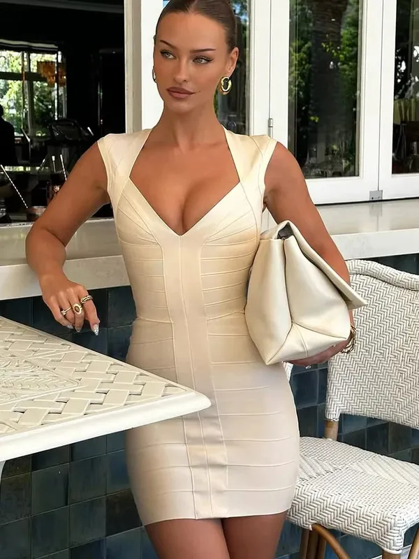Solid Sleeveless Patchwork Dress Women Chic V-neck High Waist Bodycon Mini Dresses 2026 Lady Evening Party Elegant Vestidos New — image 2
