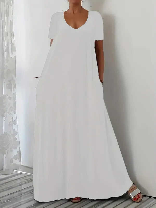 Plus Size Summer new long skirt casual loose short sleeved solid color V-neck plus size dress for women