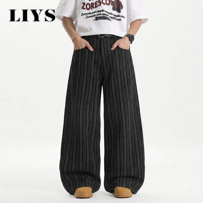 Men's Retro Vertical Stripe Jacquard Baggy Wide Leg Jeans Washed Denim Trousers Y2K Skater Hip Hop Streetwear Daily Casual