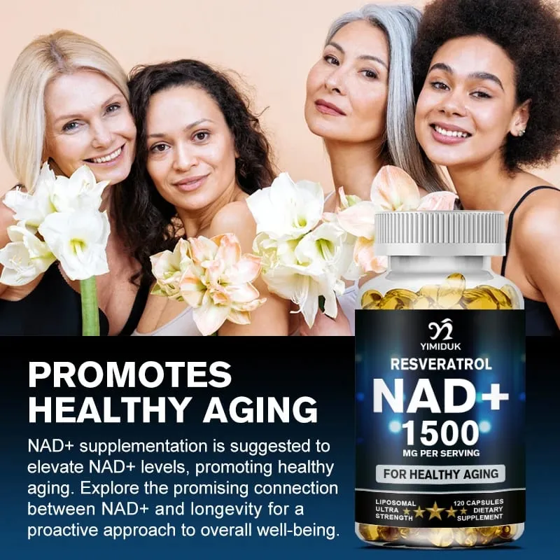 NAD 보충제 1500mg - 레스베라트롤 체력 및 건강한 노화를 함유한 리포솜 NAD+ 보충제 - 근력 캡슐