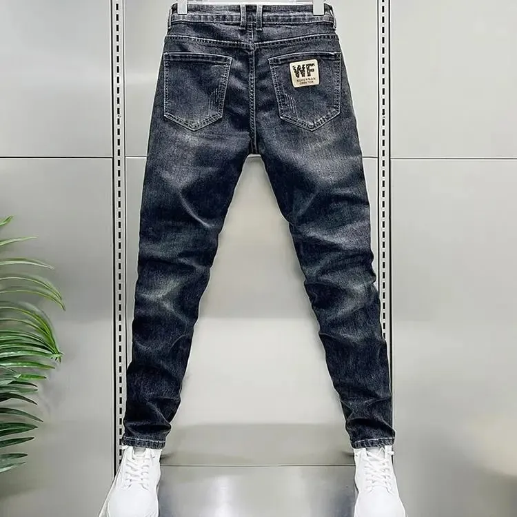 New Men's Jeans Slim-fitting Small Feet High-end Blue-gray Washed Casual Blue Long Slim Fit Work Stretch Cowboy Man Pants
