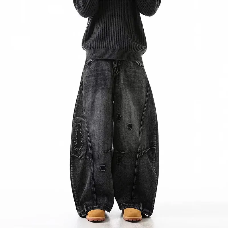 Korean Retro Plus Size Ripped Jeans Men'S Wide Leg Curved Pants Fashionable Casual Loose Straight Leg Pants