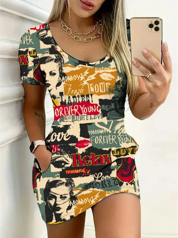 Women's Casual Elegant Comfortable round Neck Short Sleeve Skirt Dress Mini with Letter Figure Pattern Print