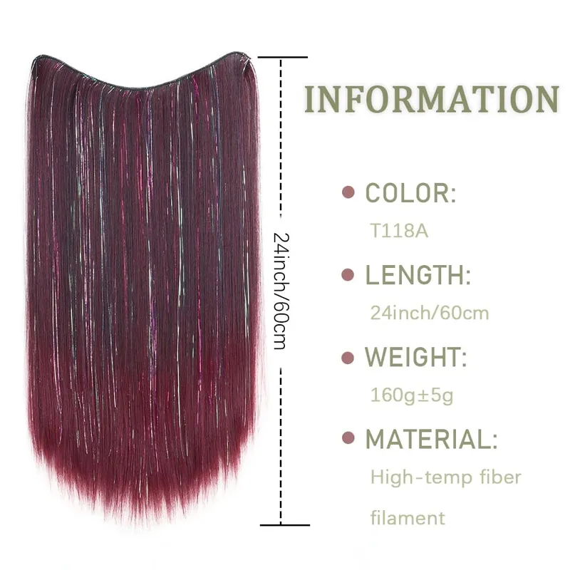 24Inch High‑Temp Fiber Straight Synthetic Long Hair Extensions Mixed Shiny Laser Tinsel Strands Hairpiece Women Party Halloween