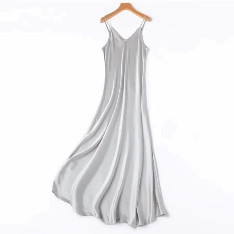 2026 Women's Fashion New 21MM 100% Natural Mulberry Silk Plain Satin Extended French Sexy Adjustable Shoulder Strap Solid Dress