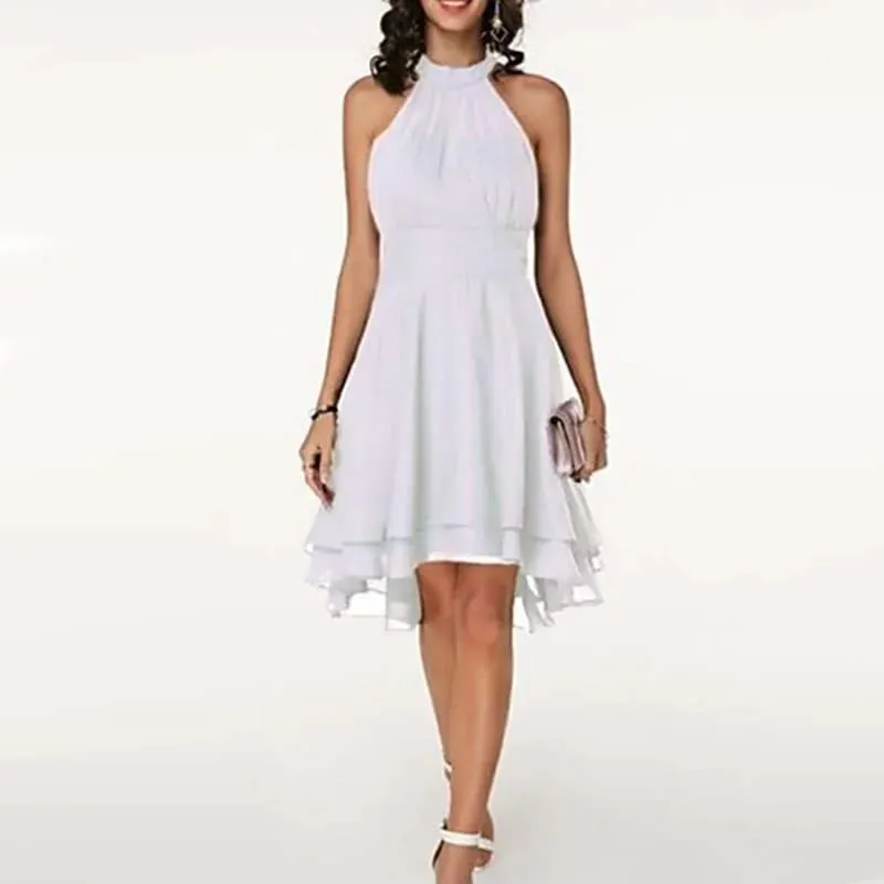 Women Elegant Dress Summer Solid High Waist Halter Sleeveless Midi Dresses Ladies Cropped Layered Chiffon Party Slim Dresses