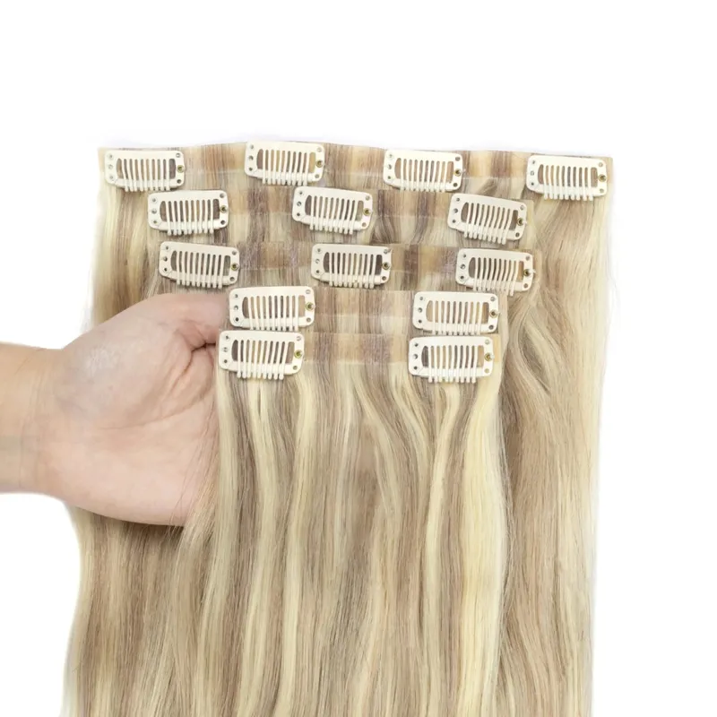 PU Seamless Clip In Hair Extensions Real Natural Invisible PU Tape Weft Clip Ins Machine Remy 12-24inch Invisible Clip Ins 7PCS