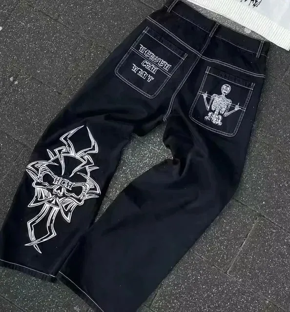 Y2K Black Baggy Cargo Jeans Men Horse Back Pocket Embroidery Cursive Wild Ride Distressed Cut Out Wide Leg Casual Denim Trouser