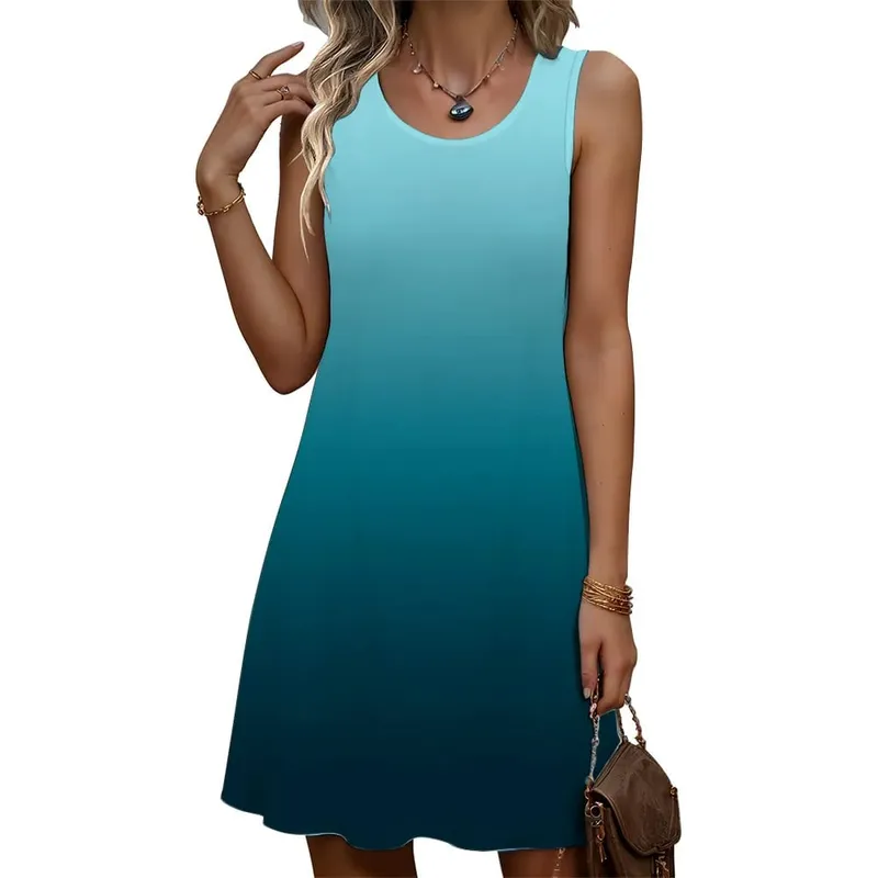 Fashion Women Gradient Mini Dresses Summer Sleeveless 3D Printed Beach Casual Ladies Dress 3XL Plus Size Street Loose Dress