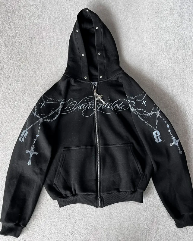 American Retro Rock Gothic Graphic Fur Collar Loose Zipper Sweatshirt Men's Y2K New Harajuku Punk Casual Joker Hoodie Streetwear — image 3
