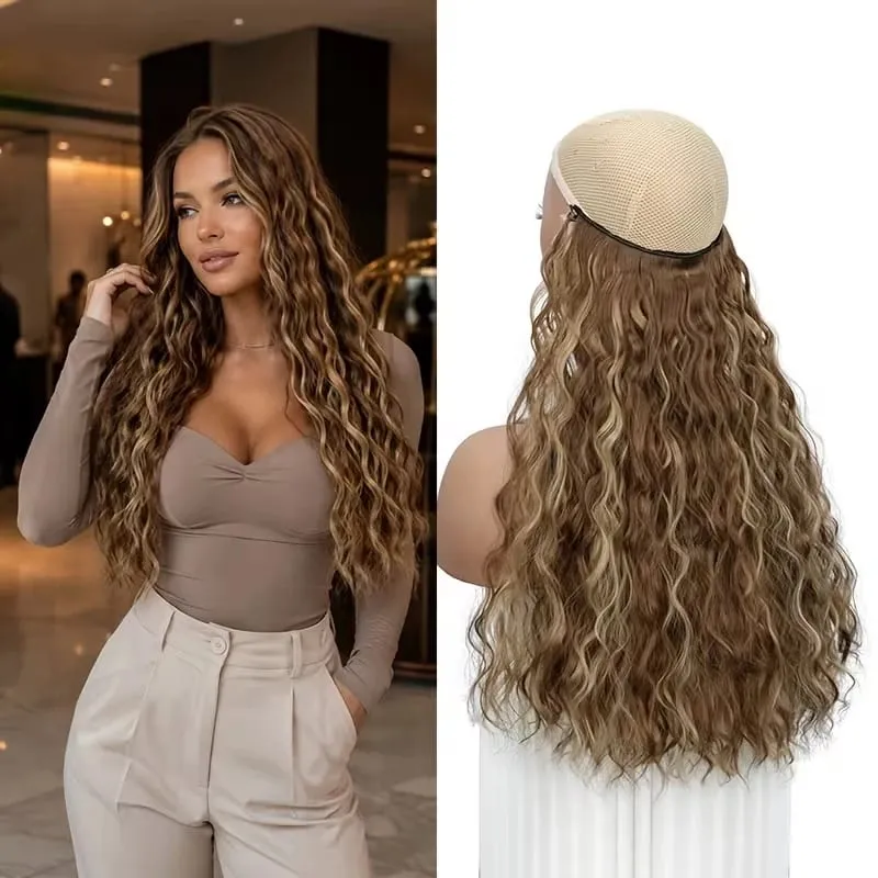 18Inch Synthetic Invisible Fish Line Hair Extensions Long Curly Wavy High Temperature Fiber Hairpiece for Women Daily Party