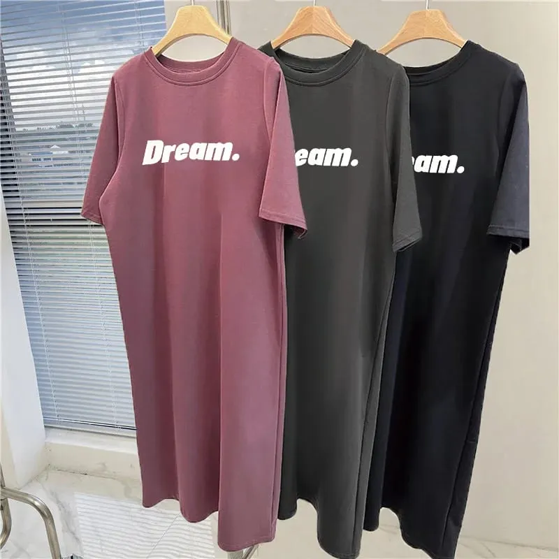 Oversized Dream Letter Print Maxi Tshirt Dress Women Short Sleeve Loose Casual Home Long Dress