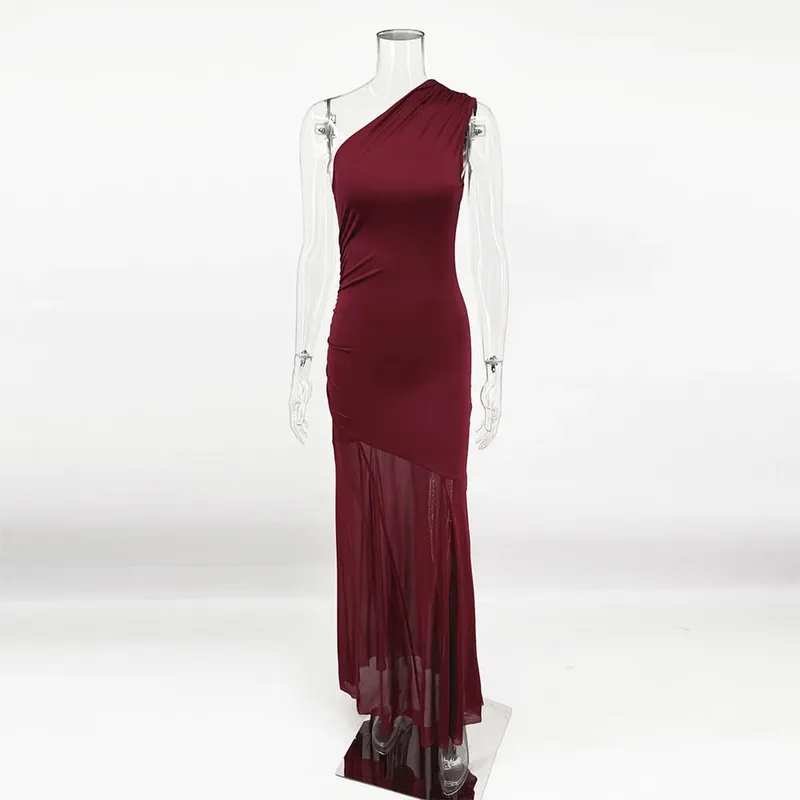 Ticketsx Off Shoulder See Through Dress Solid High Waist Patchwork Backless Slim Long Dress Women Vacation Party Evening Dresses