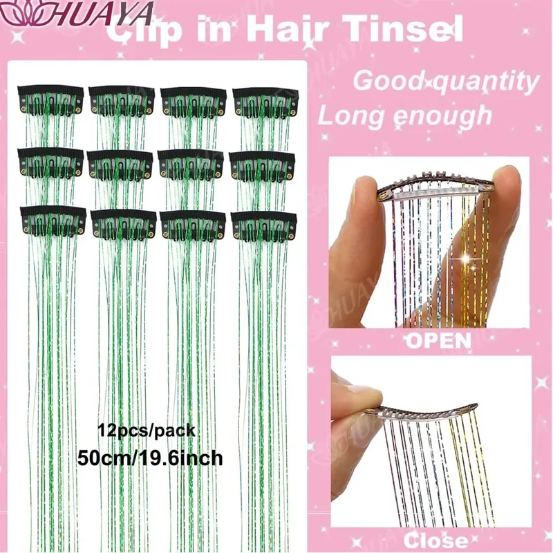12Pcs/set Hair Tinsel Clip in Glitter Tinsel Hair Extensions Synthetic Shiny Sparkling Fairy Hair Tinsel Party Hair Accessories