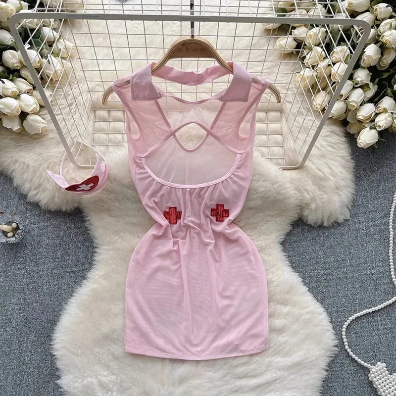 Women Sensual Lace Dress Women V-Neck Open crotch Slim Comfortable Dress Fashion Breathable Sheer Mesh Short Dress New