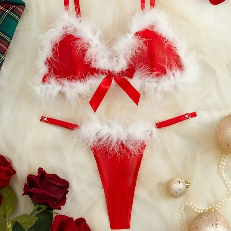 New Year Furry Women's Underwear Wireless Mesh Transparent Lingerie Set Bow Decor Romantic Intimate Bra Panties Suit Home — image 3