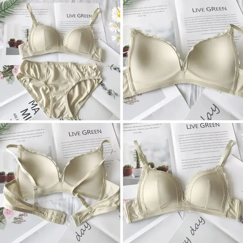 Solid Color Glossy Lingerie Set Triangle Cup Bra & Panty Set Comfortable Non-Steel Ring Push Up Underwear