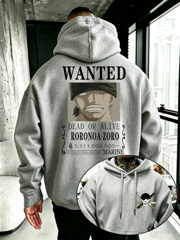 Bandai One Piece Mens Hoodie New Autumn Winter High Quality Warm Pullover Featuring Zoro Wanted Poster Print Casual Style