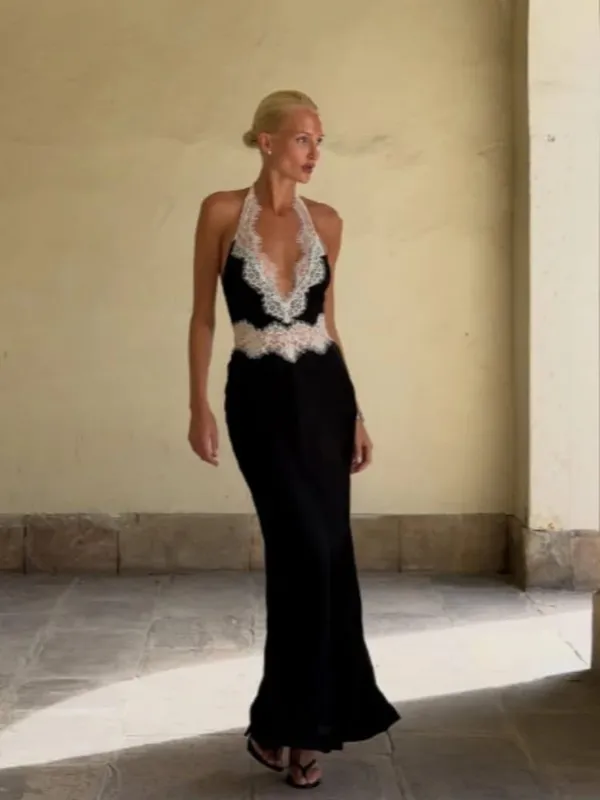 Black Lace Patchwork Halter Neck Maxi Dresses V-neck Sleeveless Backless High Waist Long Dress 2026 Elegant Party Club Outfits