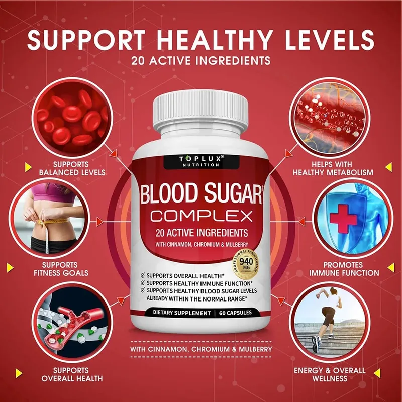 Premium Natural Blood Sugar Complex Supplement for Men & Women - Naturall 20 Herbs and Vitamins with Cinnamon Non-GMO Vegan