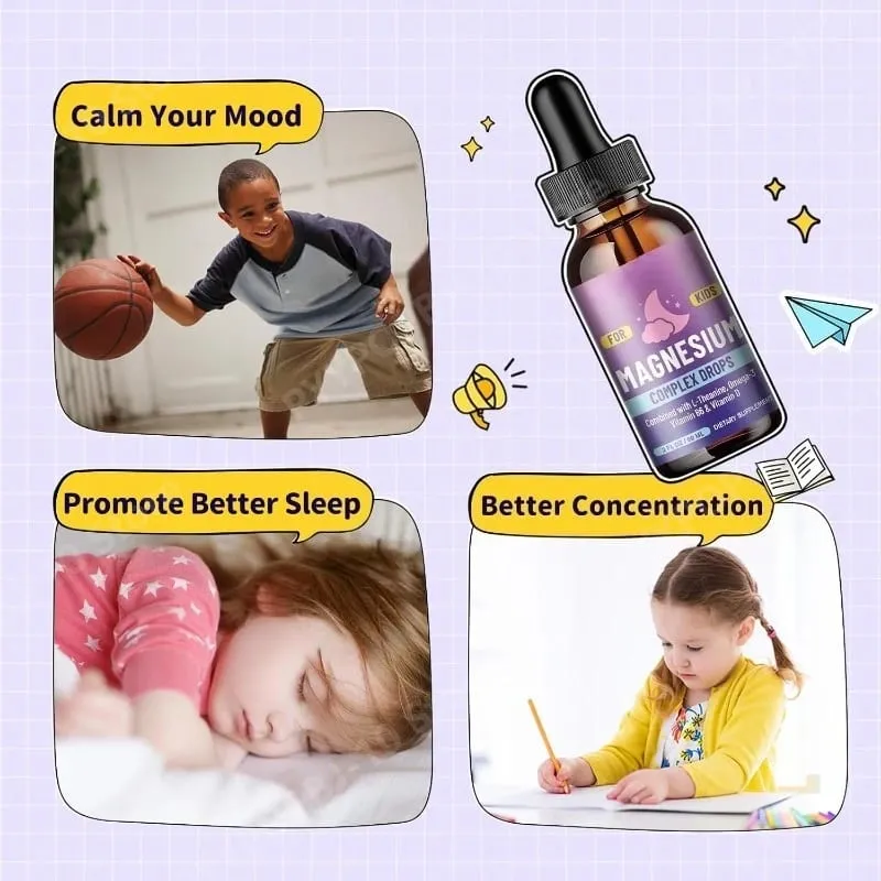 Kids Magnesium Glycinate Liquid Drops with L-theanine Omega-3 Vitamin B6 D3 for Sleep Relaxation 2 Fl Oz Strawberry Flavor