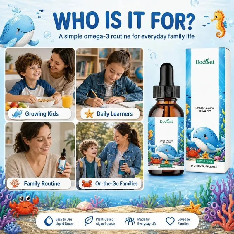 Docteat pflanzliches Omega-3-Algenöl, DHA, EPA, flüssige Tropfen, Gehirngesundheit für Kinder, vegan, gentechnikfrei, tägliche Ernährung, Orange, 60 Portionen