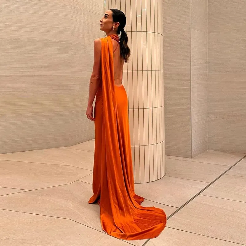 Backless Satin Long Sling Dress Women V Neck Sleeveless Slit Solid Sexy Party Dresses 2026 Summer Lady Vacation Evening Robes