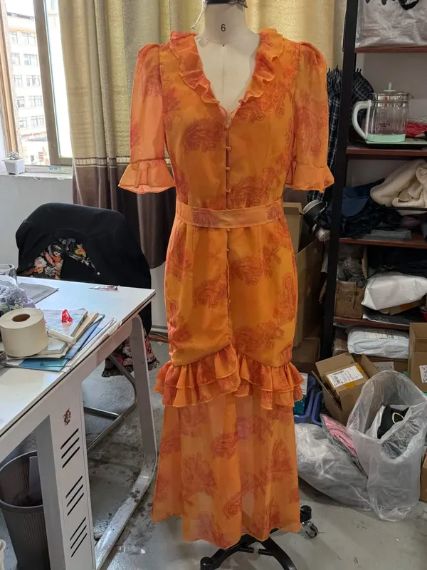 Women Floral Print Chiffon Maxi Dress Romantic Deep V-neck Flutter Sleeve High Low Lace Trim Dress 2026 Summer Elegant Lady Gown