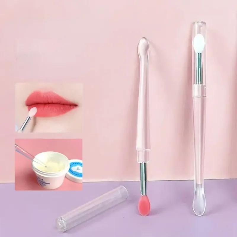 Pincéis labiais femininos com alça de cristal transparente, pincéis labiais de silicone com tampa contra poeira, aplicador de maquiagem, ferramenta cosmética, 1 peça