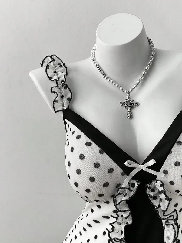 Plus Size Y2K Polka Dot Dress Ruffle Trim Bow Front Cami Mini Dress Sexy Sweet Coquette Style Party Dress for Women — image 5