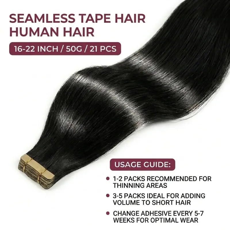 Tape In Hair Extensions Human Hair 16-24 Inch Seamless Invisible Remy Hair Extensions Tape Ins For Women Brazilian Natural Black 21Pcs 50g 100% Human Hair