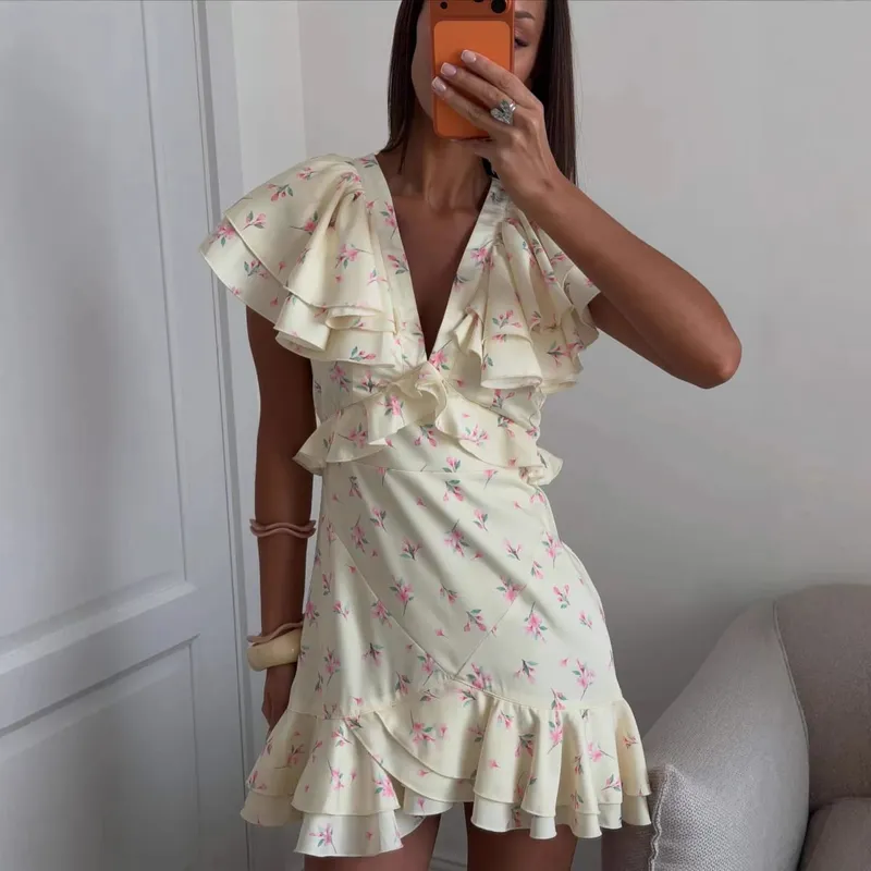Talenza Elegant Printed Ruffle Dress Women's Summer Fashion Contrast V-Neck Patchwork Dress Vintage Party Women's Casual Dress
