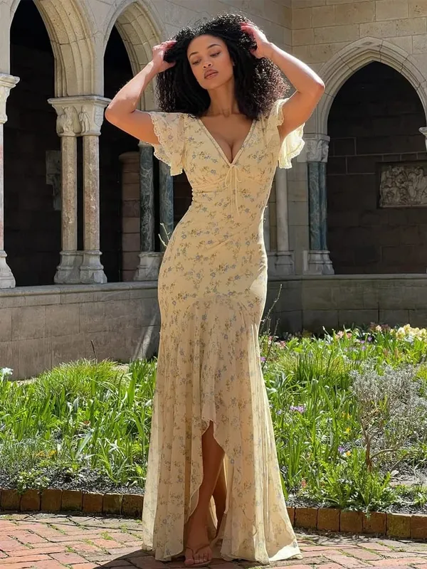 Women Floral Print Chiffon Maxi Dress Romantic Deep V-neck Flutter Sleeve High Low Lace Trim Dress 2026 Summer Elegant Lady Gown
