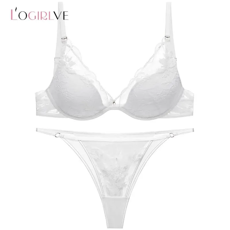 Logirlve French Thin Women Lingerie Set Sexy Satin Lace Splicing Comfort Bras Print Temptation Bra and Thong Sets Underwear