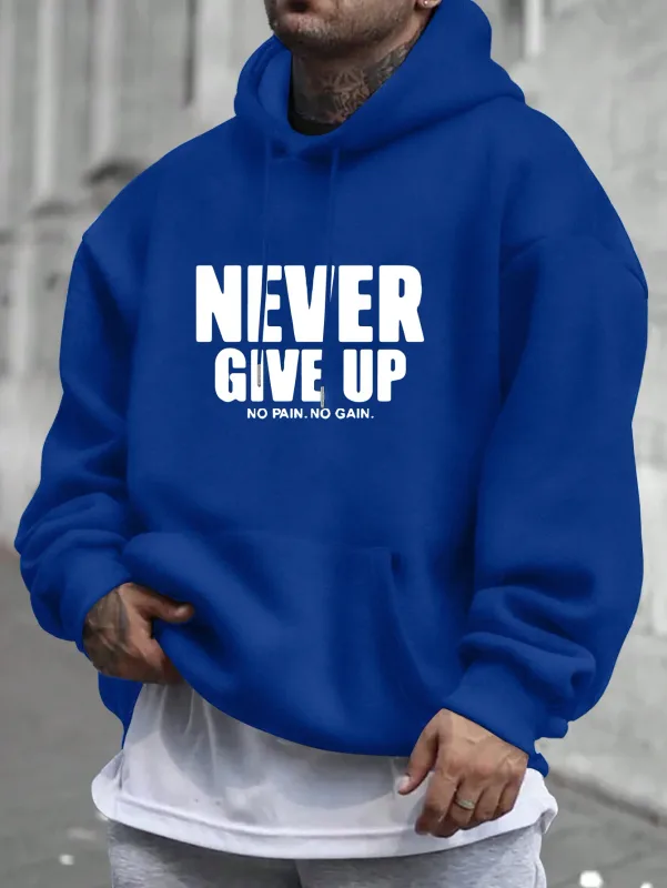 Men'S Hoodie Never Give Up Print Casual Fleece-Lined Pullover Kangaroo Pocket Stylish Streetwear Fall Casual Wear Hoodie