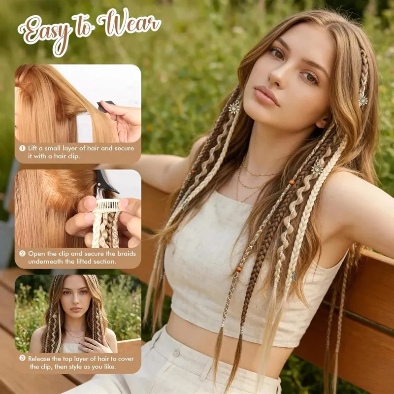 Clip in braids 2PCS 20Inch Dreadlock Extensions with Beads & Chains Viking Boho Braids for Cosplay Festival Daily Styling