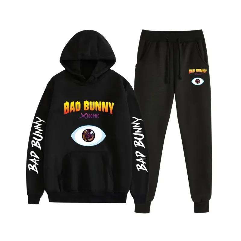 Harajuku Comfortable bad bunny Print Sweatshirt Sweatpants Suit Women's Hoodies+ Trousers Suit Boys/Girls 2 Piece Set Clothes