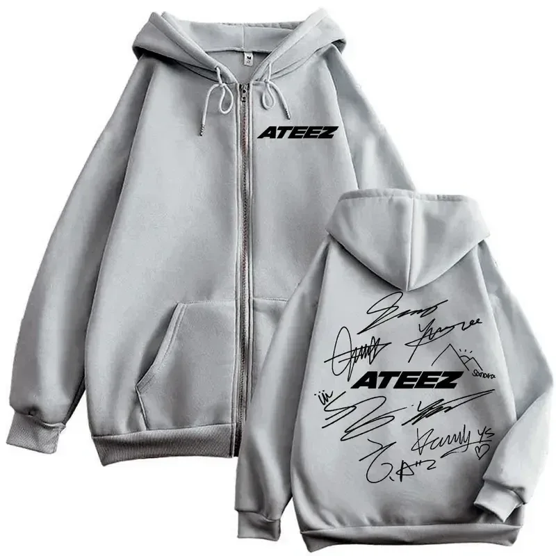 Limited Kpop ATEEZ Logo Double Sided Print Zipper Hoodie Fashion Hip Hop Zip Up Sweatshirts Men Women Casual Oversized Pullovers