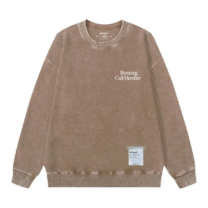 Satisfy SoftCell Men's Round-Neck Sweatshirt Running Distress Member Print Vintage Style Long Sleeve Cotton Sweatshirt with Po
