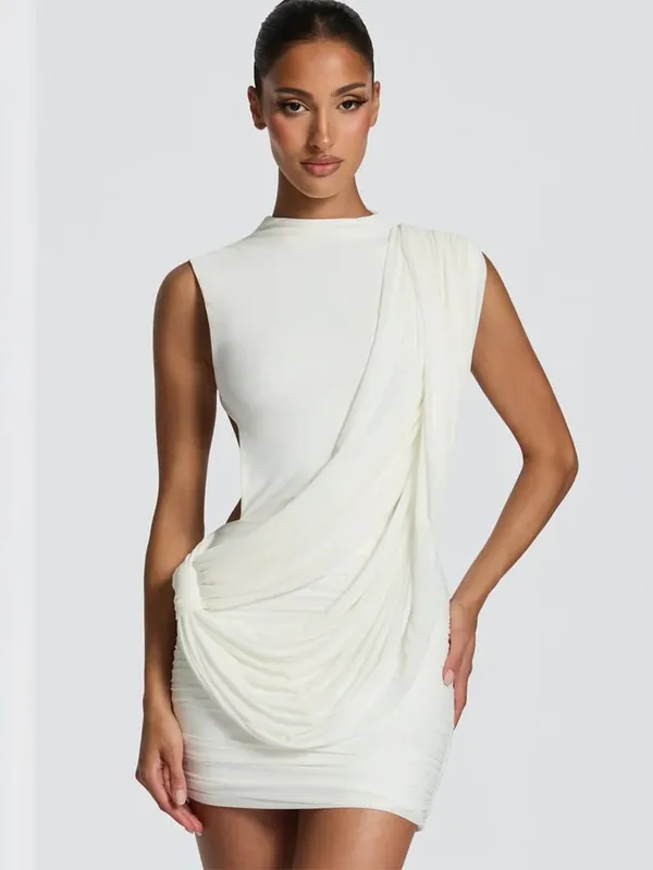 Chic Sleeveless Pleated Slim Mini Dress Women Sexy Solid Backless Hollow Out Round Collar Dresses Lady Evening Party Vestidos