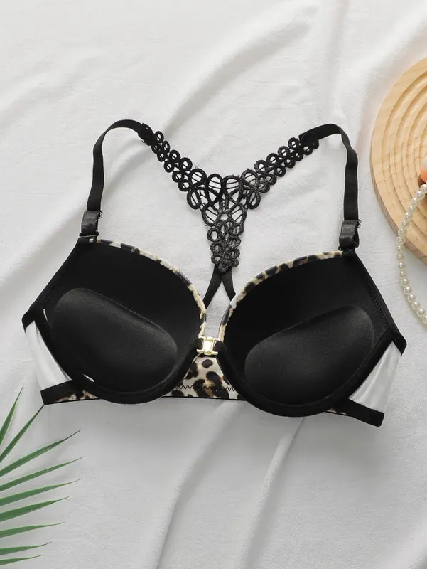 Souprava podprsenky s leopardím vzorem se zapínáním vpředu a s kosticí Push Up spodní prádlo pro ženy Sexy krajkové dvoudílné oblečení Bralette a kalhotky