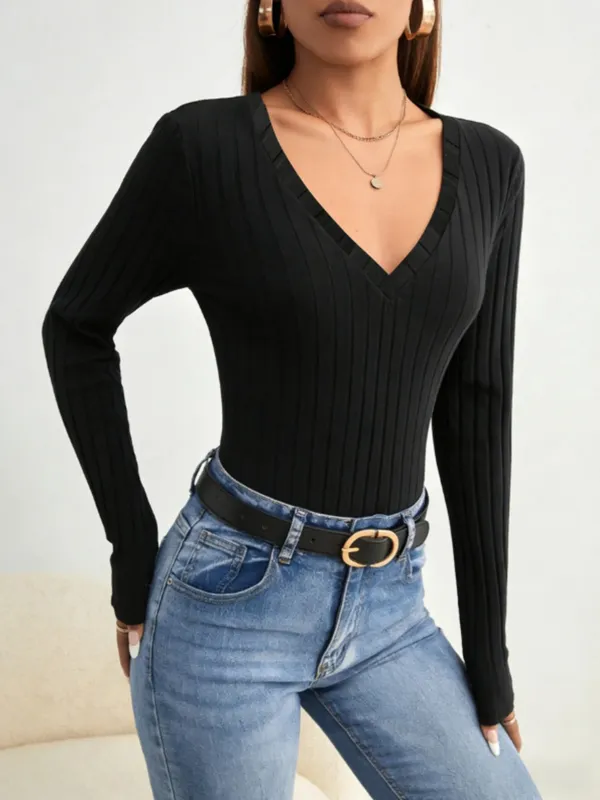 Women Black Ribbed Knit V Neck Long Sleeve Bodysuit Casual Slim Fit Form Fitting Jumpsuit For Daily Wear Streetwear & Elegant St — image 4