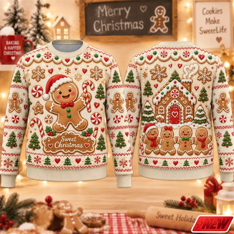 Christmas Ugly Sweater Men Holiday Gift Trendy 3D Print Funny Skateboarding Gingerbread Man House Pattern Pullover Unisex Hoodie