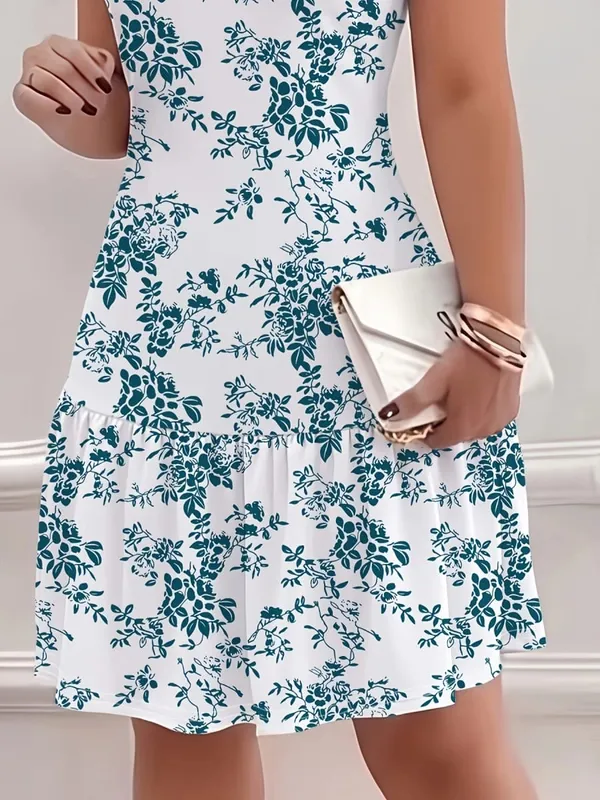 Summer Mid-Length Dress with Round Neck Casual Floral Print Short Sleeves and Ruffled Hem