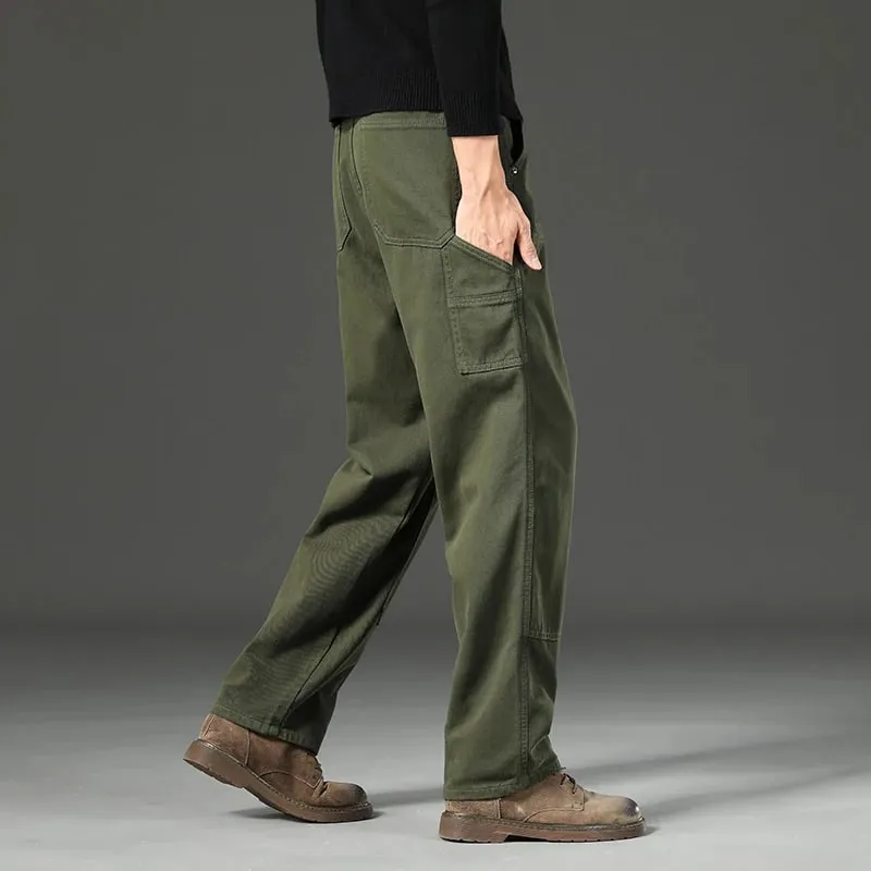 High Quality Spring New Style Straight Loose Men's Casual Pants Rivet Splicing Safari Style Cotton Trousers Army Green Jeans