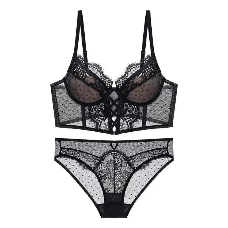 Women‘s French Lace Lingerie Set Push Up Bra Thin & Soft Steel Ring for Support Gathered Design Demi Cup Chemise for Small Bust — image 9