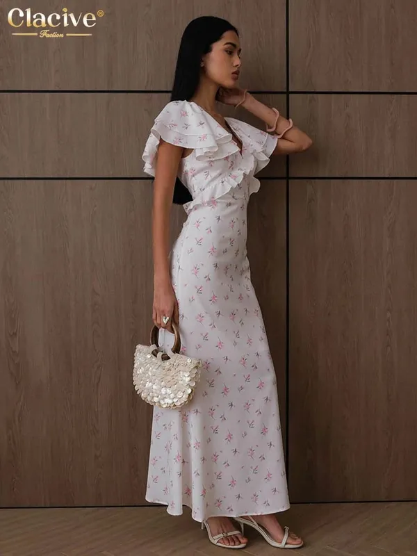 Clacive Sexy Loose Print Women's Dress 2026 Summer V-Neck Short Sleeve Ankle Length Dresses Elegant Classic Ruffles Female Dress